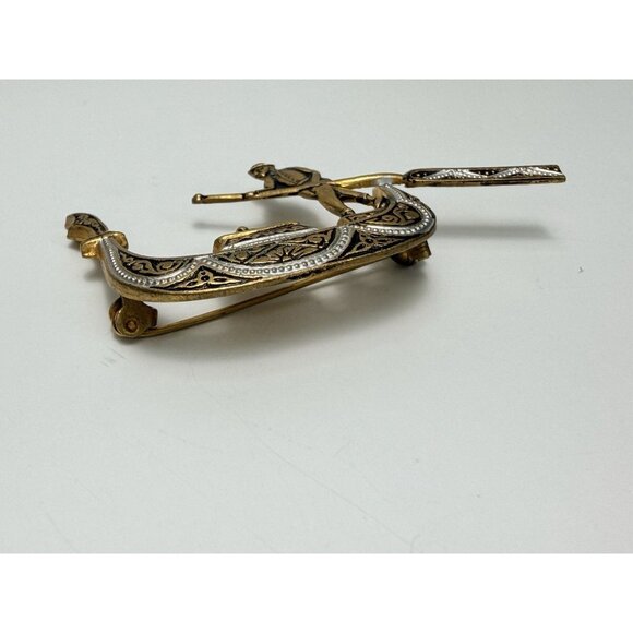 Vintage Spanish Damascene Venetian Gondola Brooch Pin Signed Spain Toledo Style - Picture 7 of 7